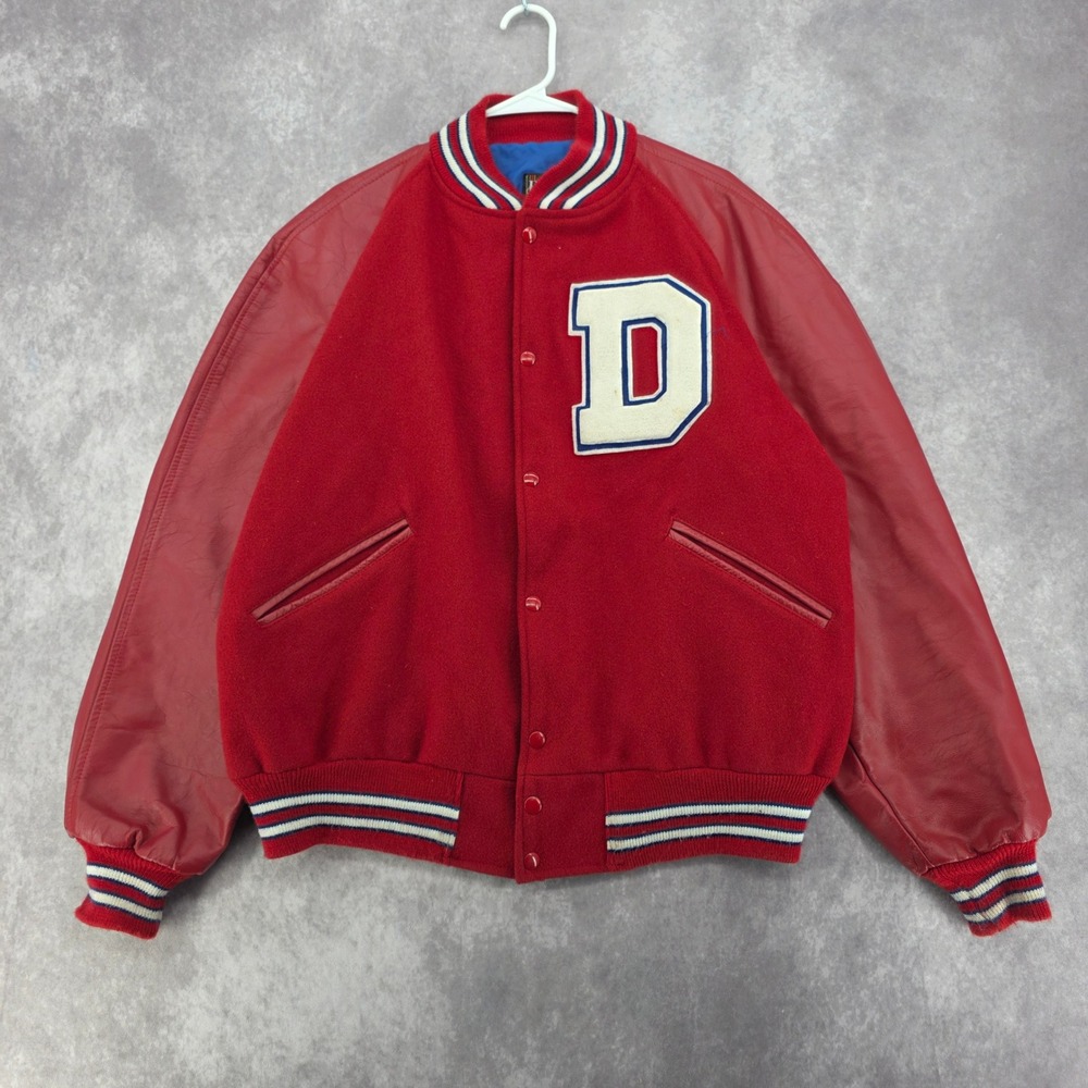 Vintage Butwin Varsity Jacket Red Wool Leather Sleeves Letterman Men XL USA Made